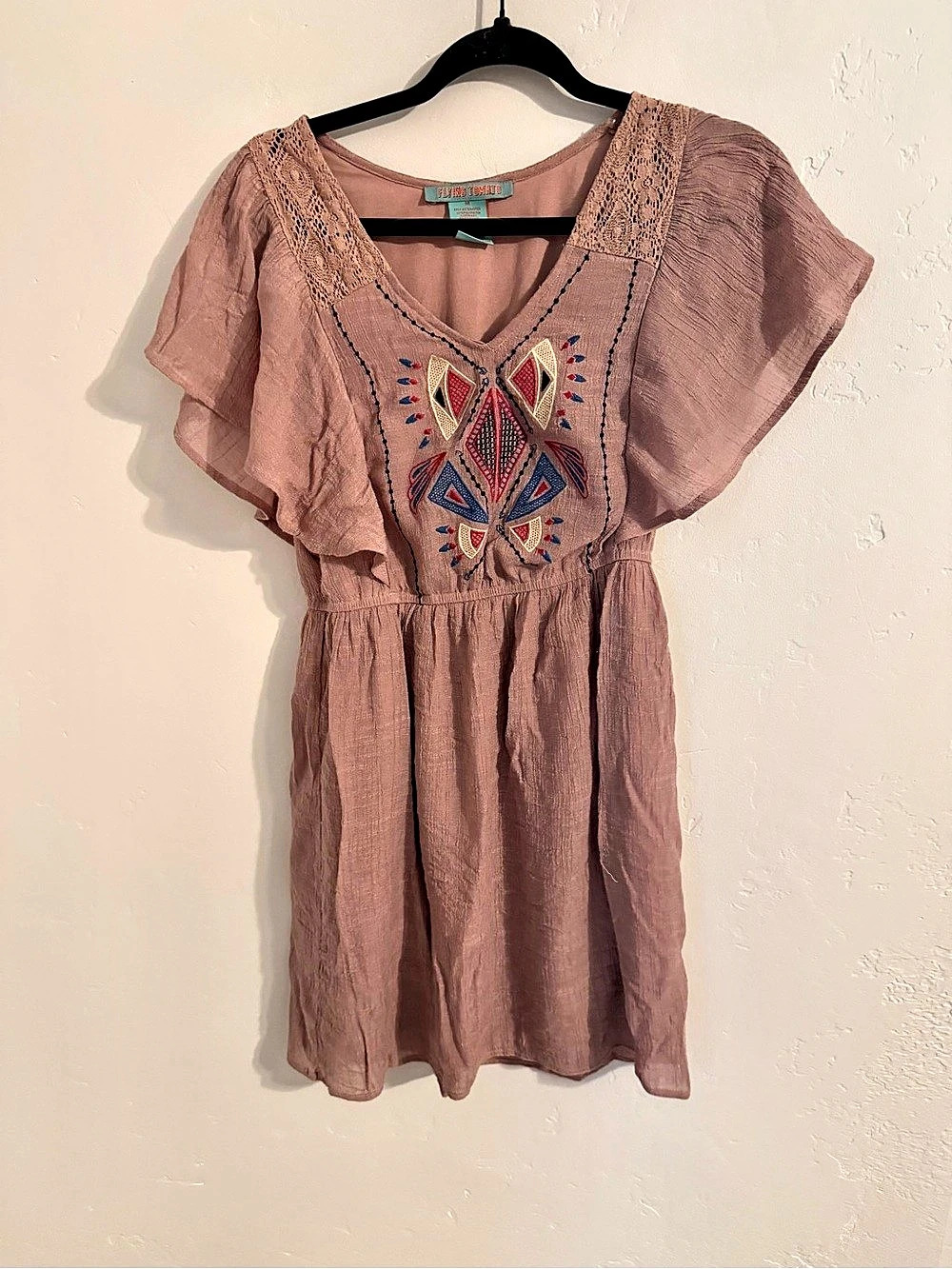Flying Tomato Geometric Embroidered Mini Dress in Pink Size Medium
